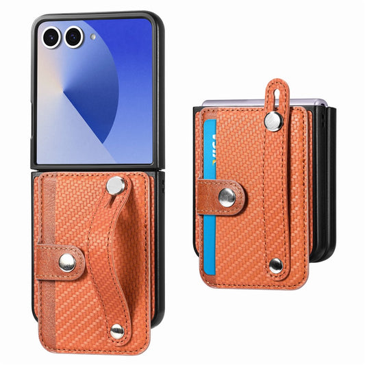 Galaxy Z Flip7 5G – Magnetische Handyhülle aus Kunststoff, PU-Leder und TPU, mit Ständer, mit Kartenfach, in Carbonfaser-Optik