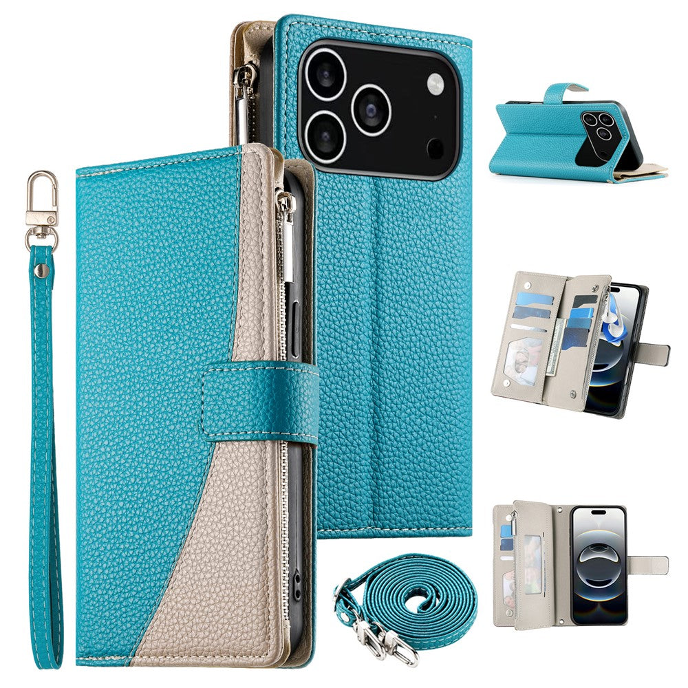 For iPhone 18 Pro / 17 Pro Case Zipper Wallet Color Splicing Leather Flip Phone Cover with Straps
