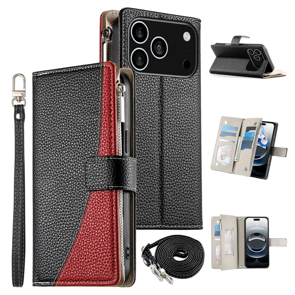 For iPhone 18 Pro / 17 Pro Case Zipper Wallet Color Splicing Leather Flip Phone Cover with Straps