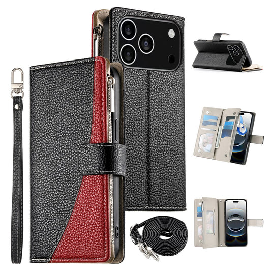 For iPhone 18 Pro / 17 Pro Case Zipper Wallet Color Splicing Leather Flip Phone Cover with Straps