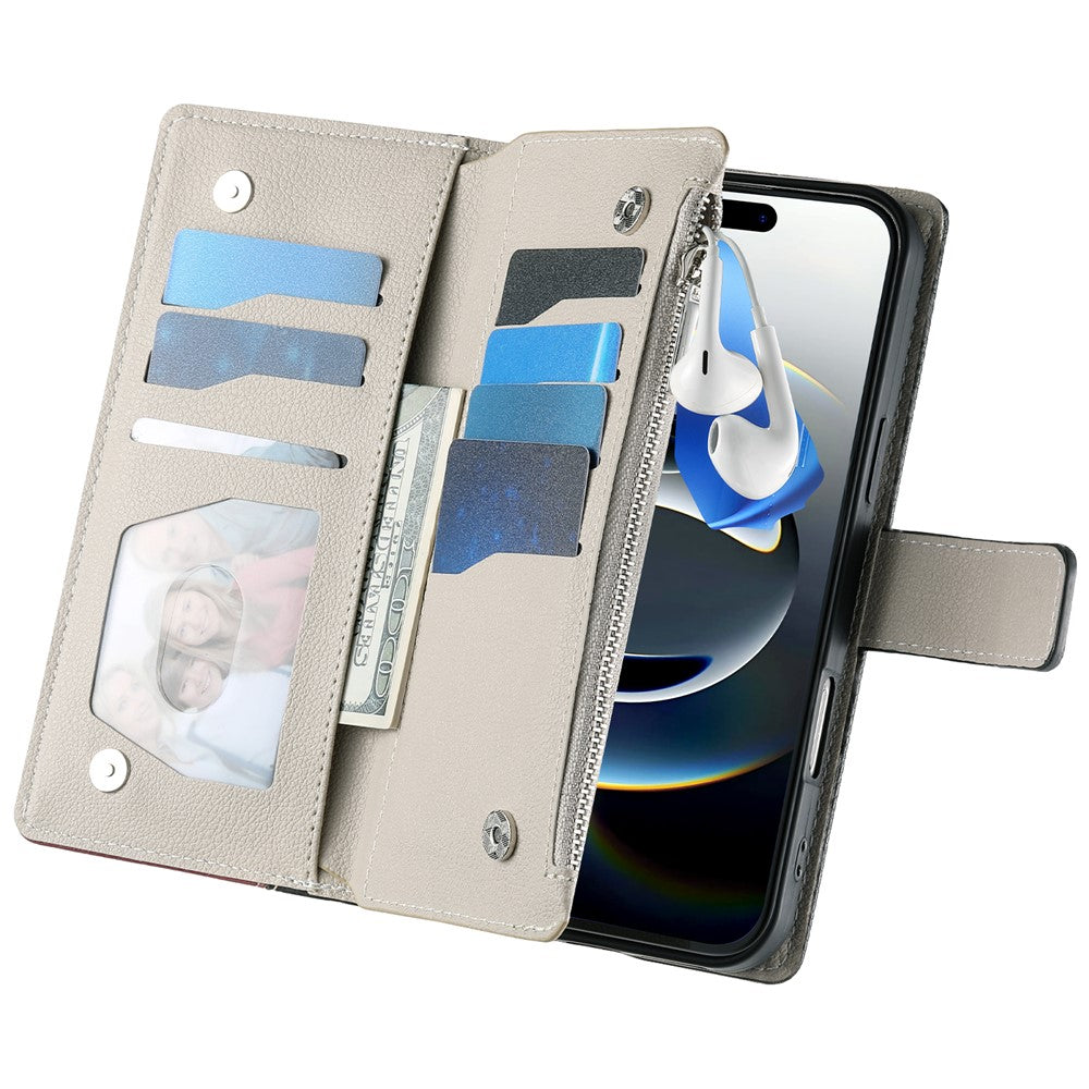 For iPhone 18 Pro / 17 Pro Case Zipper Wallet Color Splicing Leather Flip Phone Cover with Straps