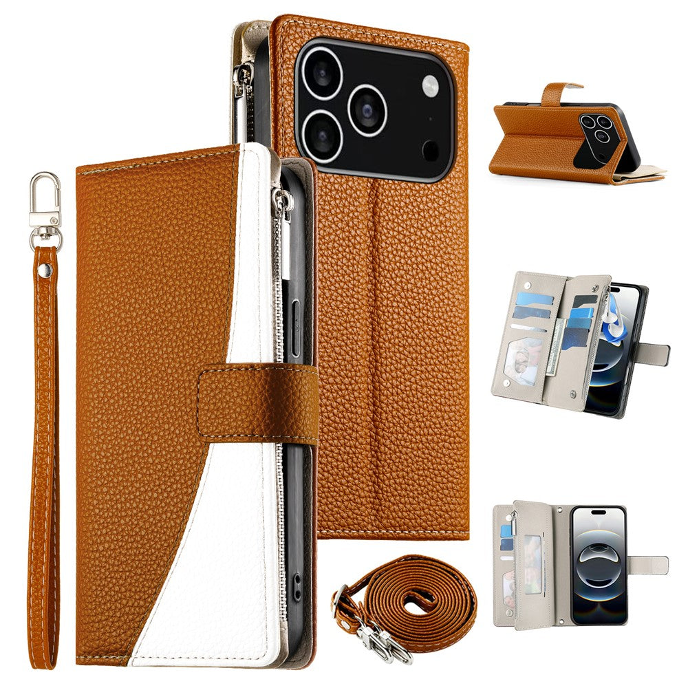 For iPhone 18 Pro / 17 Pro Case Zipper Wallet Color Splicing Leather Flip Phone Cover with Straps