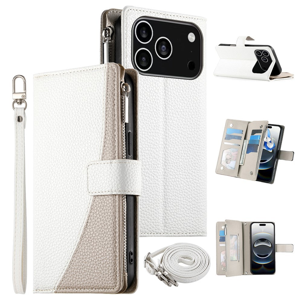 For iPhone 18 Pro / 17 Pro Case Zipper Wallet Color Splicing Leather Flip Phone Cover with Straps
