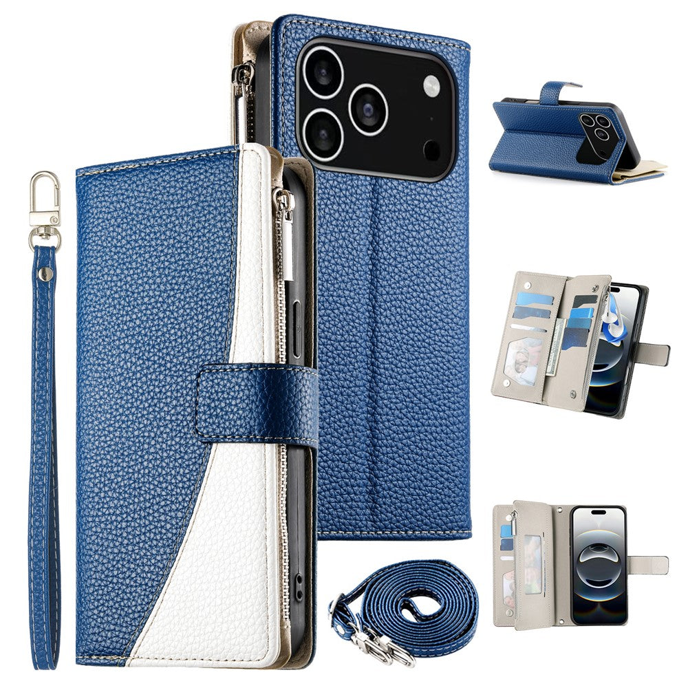 For iPhone 18 Pro / 17 Pro Case Zipper Wallet Color Splicing Leather Flip Phone Cover with Straps
