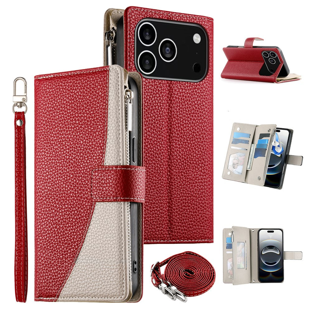 For iPhone 18 Pro / 17 Pro Case Zipper Wallet Color Splicing Leather Flip Phone Cover with Straps
