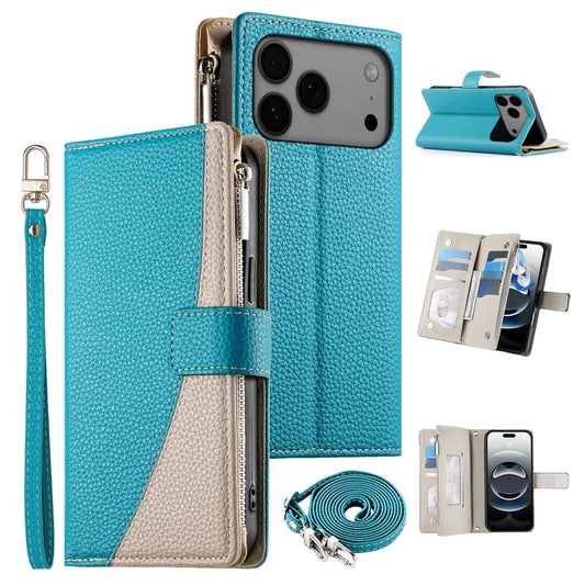 For iPhone 18 Pro Max / 17 Pro Max Case Zipper Wallet Color Splicing Leather Flip Phone Cover with Straps