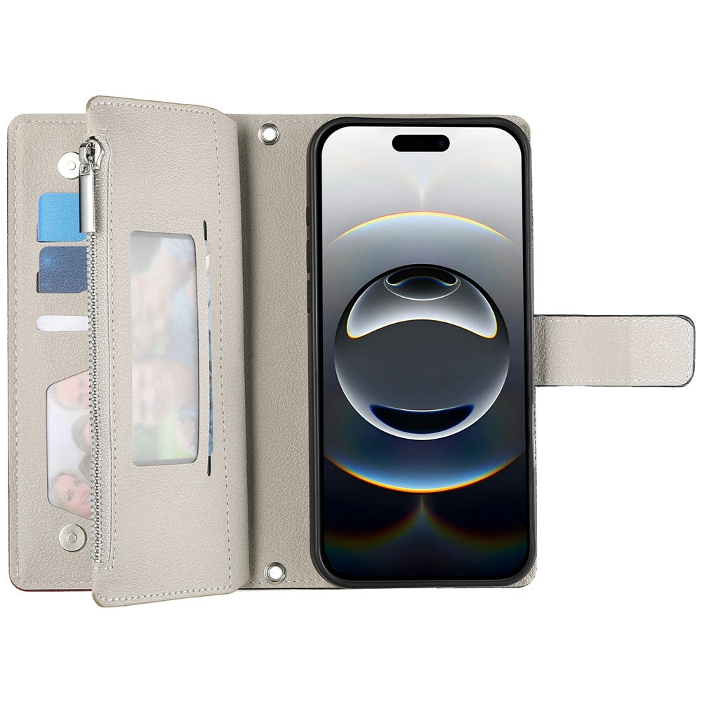 For iPhone 18 Pro Max / 17 Pro Max Case Zipper Wallet Color Splicing Leather Flip Phone Cover with Straps