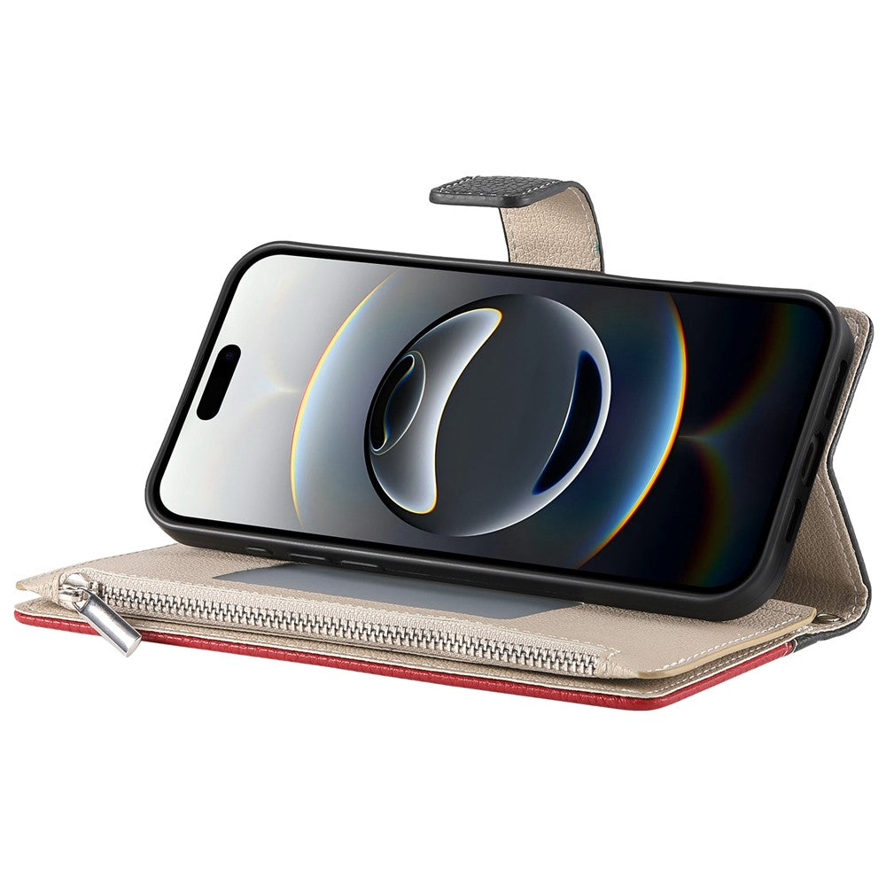 For iPhone 18 Pro Max / 17 Pro Max Case Zipper Wallet Color Splicing Leather Flip Phone Cover with Straps