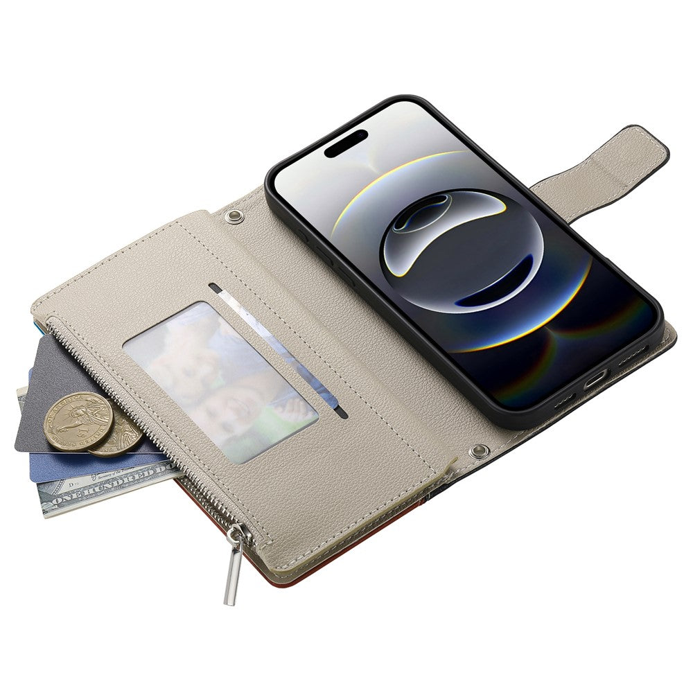 For iPhone 18 Pro Max / 17 Pro Max Case Zipper Wallet Color Splicing Leather Flip Phone Cover with Straps