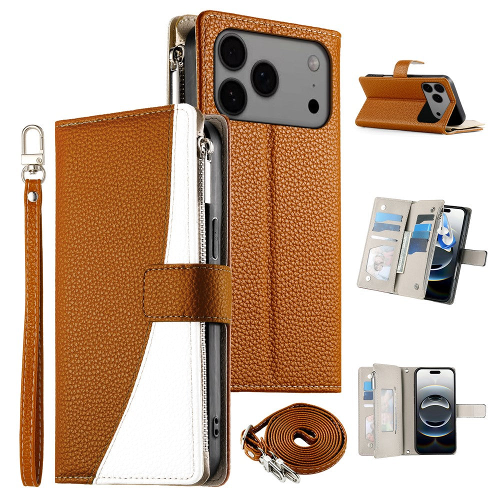 For iPhone 18 Pro Max / 17 Pro Max Case Zipper Wallet Color Splicing Leather Flip Phone Cover with Straps