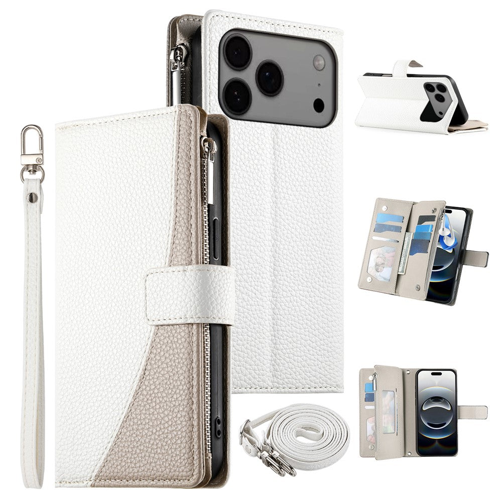 For iPhone 18 Pro Max / 17 Pro Max Case Zipper Wallet Color Splicing Leather Flip Phone Cover with Straps