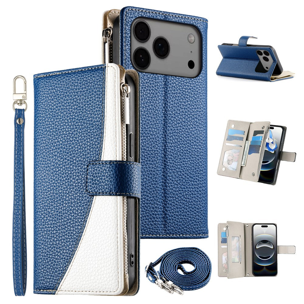 For iPhone 18 Pro Max / 17 Pro Max Case Zipper Wallet Color Splicing Leather Flip Phone Cover with Straps