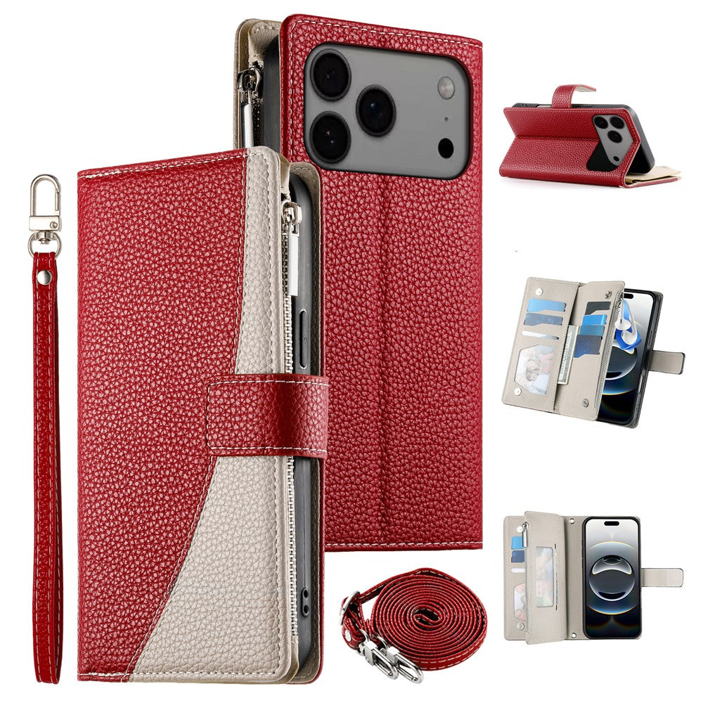 For iPhone 18 Pro Max / 17 Pro Max Case Zipper Wallet Color Splicing Leather Flip Phone Cover with Straps