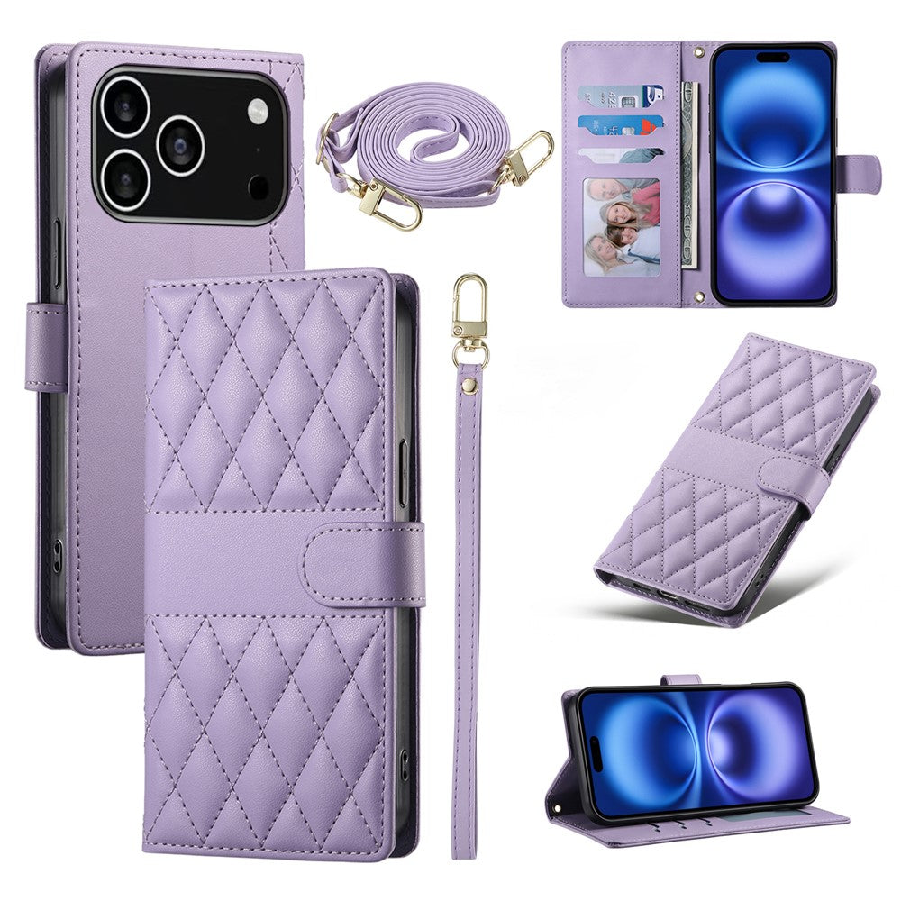 For iPhone 18 Pro / 17 Pro Case Rhombus Stitching Wallet Stand Leather Phone Cover with Long  /  Short Strap