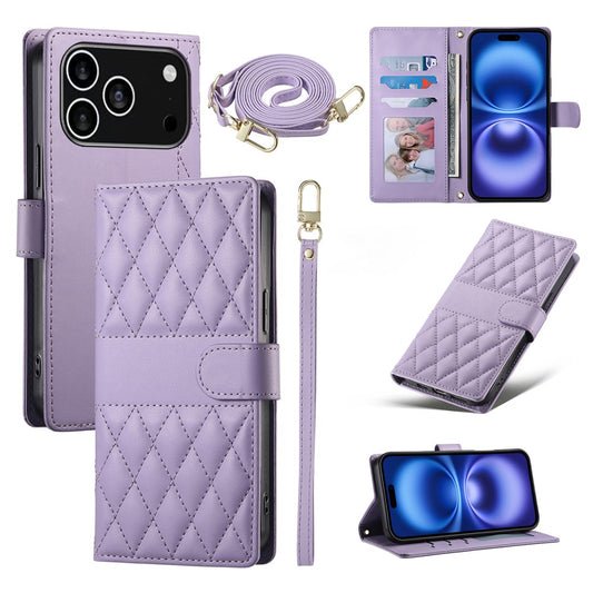 For iPhone 18 Pro / 17 Pro Case Rhombus Stitching Wallet Stand Leather Phone Cover with Long  /  Short Strap
