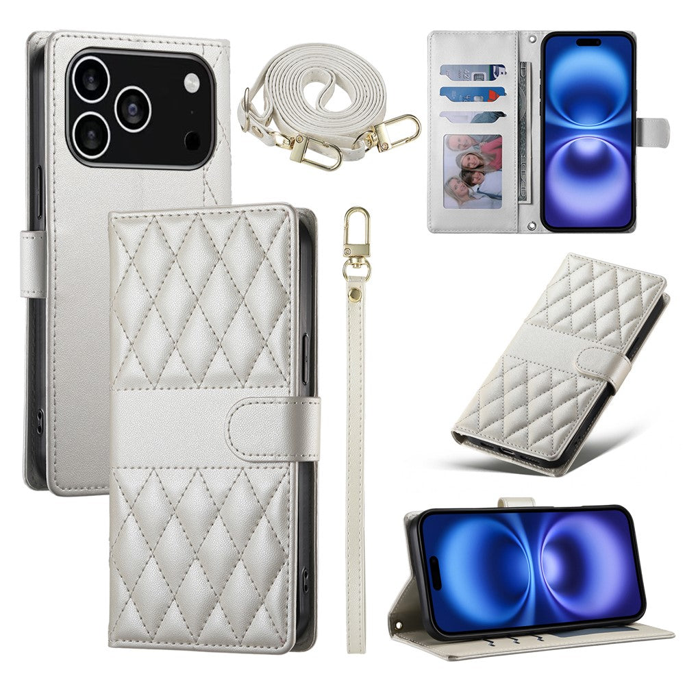 For iPhone 18 Pro / 17 Pro Case Rhombus Stitching Wallet Stand Leather Phone Cover with Long  /  Short Strap
