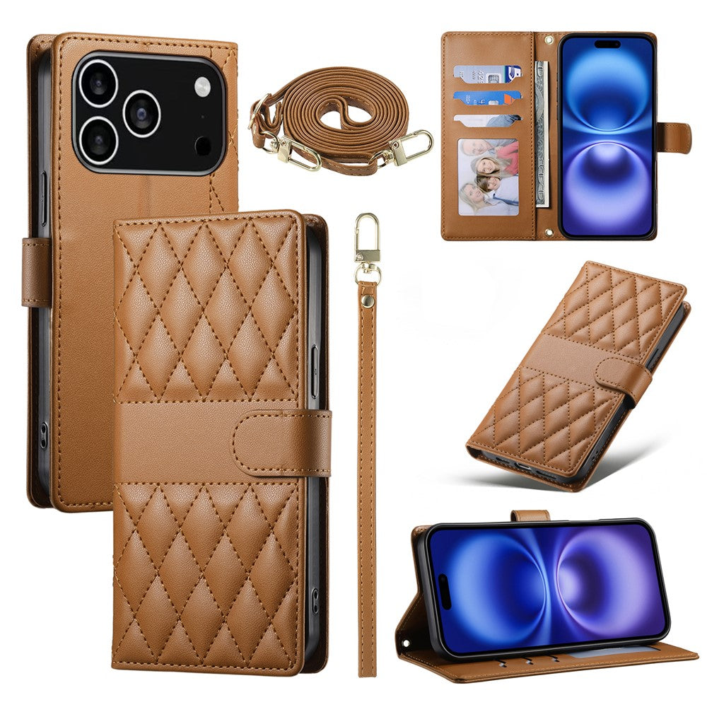 For iPhone 18 Pro / 17 Pro Case Rhombus Stitching Wallet Stand Leather Phone Cover with Long  /  Short Strap