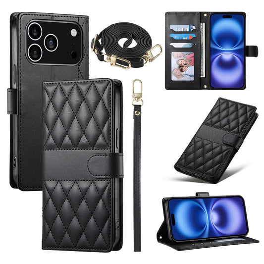 For iPhone 18 Pro / 17 Pro Case Rhombus Stitching Wallet Stand Leather Phone Cover with Long  /  Short Strap