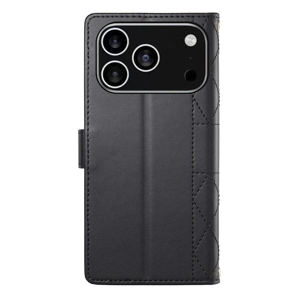 For iPhone 18 Pro / 17 Pro Case Rhombus Stitching Wallet Stand Leather Phone Cover with Long  /  Short Strap