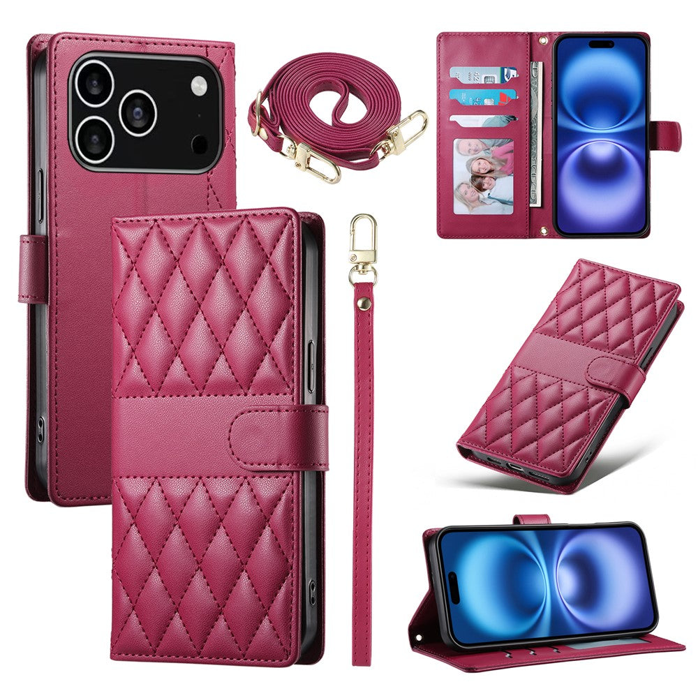 For iPhone 18 Pro / 17 Pro Case Rhombus Stitching Wallet Stand Leather Phone Cover with Long  /  Short Strap