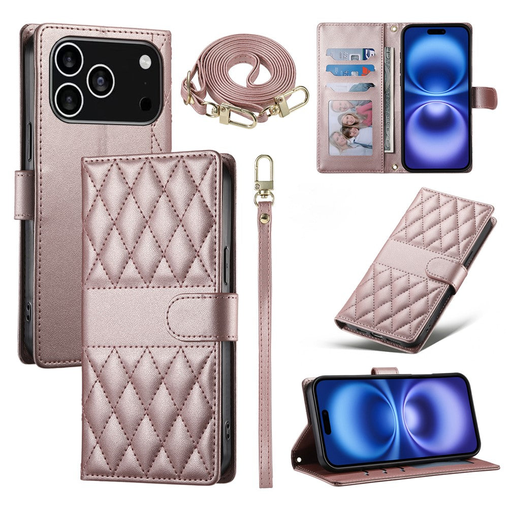 For iPhone 18 Pro / 17 Pro Case Rhombus Stitching Wallet Stand Leather Phone Cover with Long  /  Short Strap
