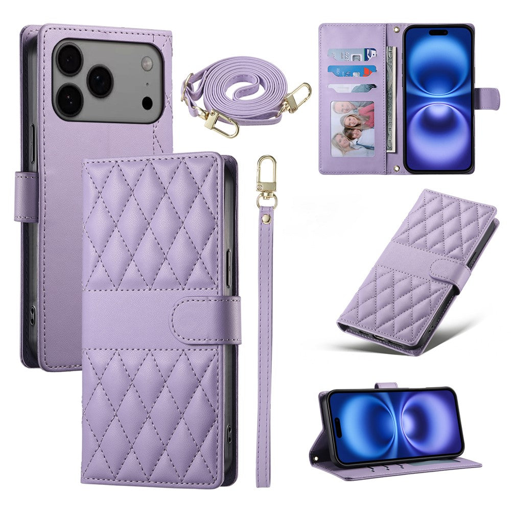 For iPhone 18 Pro Max / 17 Pro Max Case Rhombus Stitching Wallet Stand Leather Phone Cover with Long  /  Short Strap
