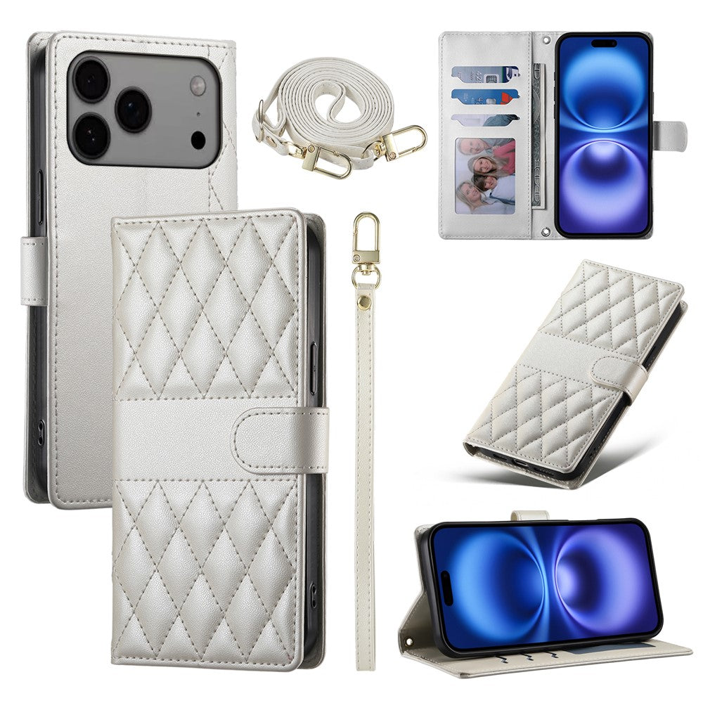 For iPhone 18 Pro Max / 17 Pro Max Case Rhombus Stitching Wallet Stand Leather Phone Cover with Long  /  Short Strap