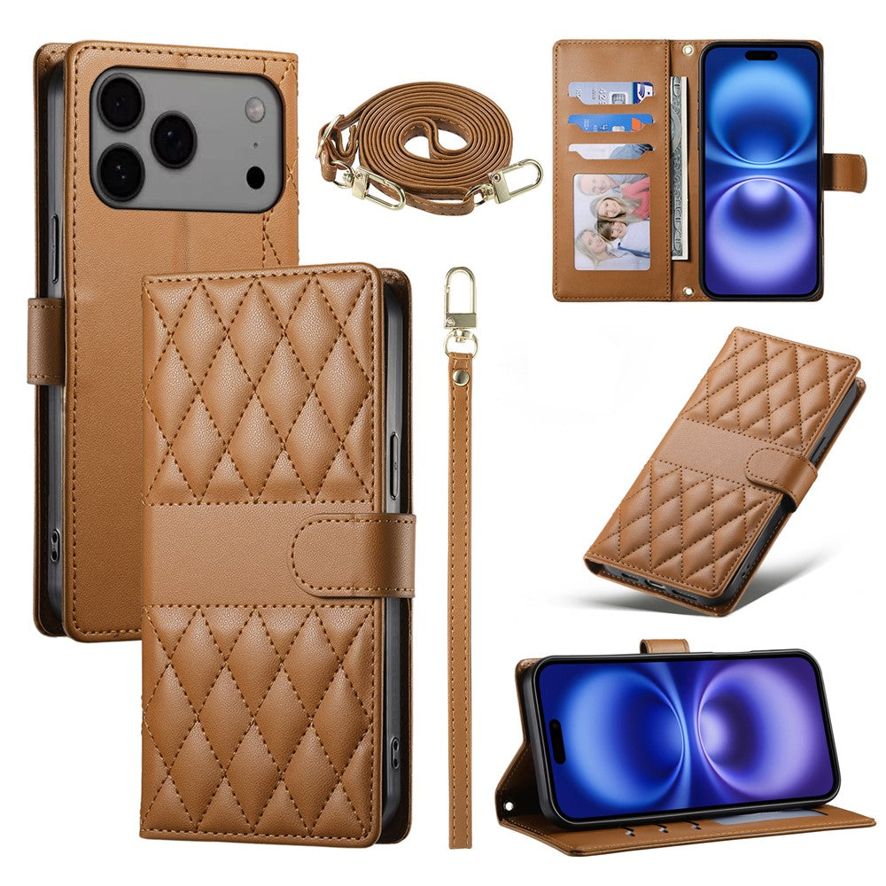 For iPhone 18 Pro Max / 17 Pro Max Case Rhombus Stitching Wallet Stand Leather Phone Cover with Long  /  Short Strap