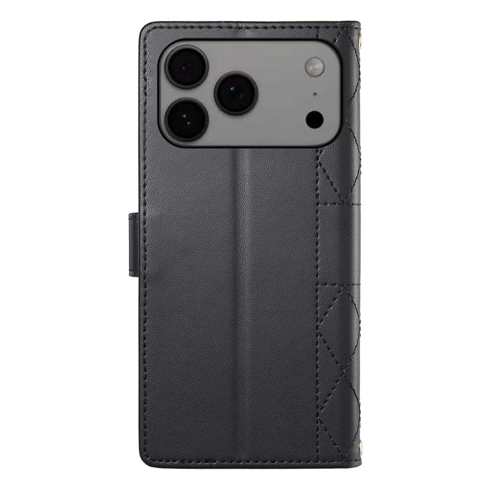 For iPhone 18 Pro Max / 17 Pro Max Case Rhombus Stitching Wallet Stand Leather Phone Cover with Long  /  Short Strap