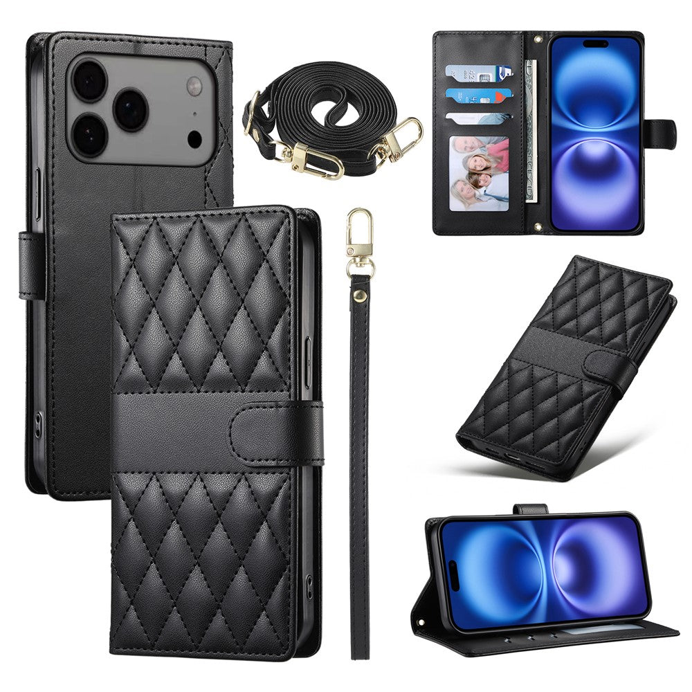 For iPhone 18 Pro Max / 17 Pro Max Case Rhombus Stitching Wallet Stand Leather Phone Cover with Long  /  Short Strap