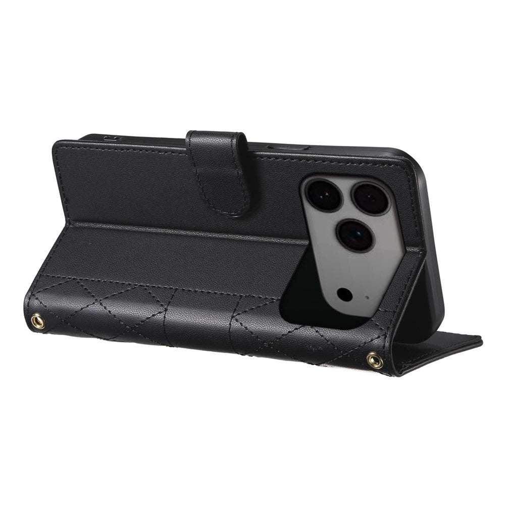 For iPhone 18 Pro Max / 17 Pro Max Case Rhombus Stitching Wallet Stand Leather Phone Cover with Long  /  Short Strap