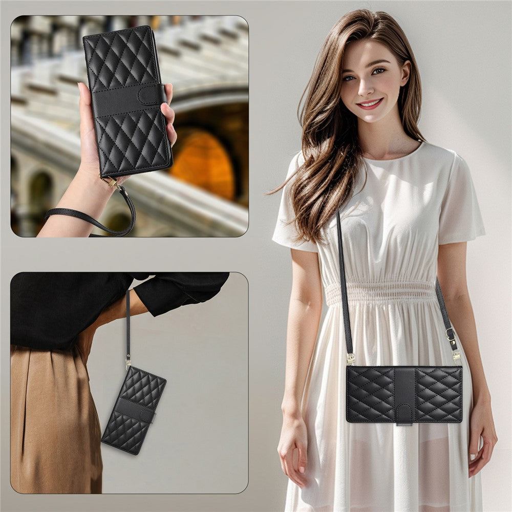 For iPhone 18 Pro Max / 17 Pro Max Case Rhombus Stitching Wallet Stand Leather Phone Cover with Long  /  Short Strap
