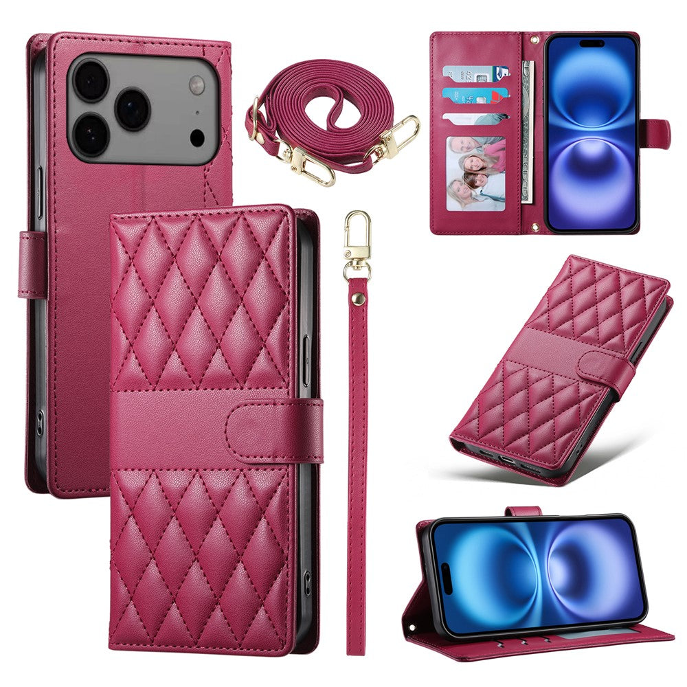For iPhone 18 Pro Max / 17 Pro Max Case Rhombus Stitching Wallet Stand Leather Phone Cover with Long  /  Short Strap