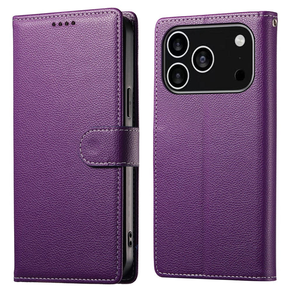 For iPhone 18 Pro / 17 Pro Case Magnetic Snap Litchi Texture Leather Wallet Phone Cover with Wrist Strap