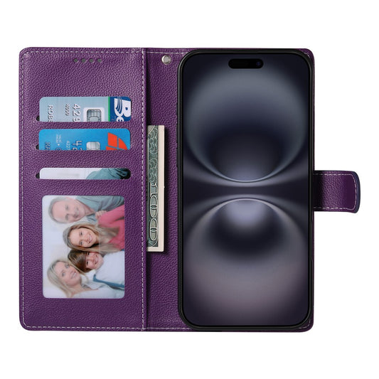 For iPhone 18 Pro / 17 Pro Case Magnetic Snap Litchi Texture Leather Wallet Phone Cover with Wrist Strap