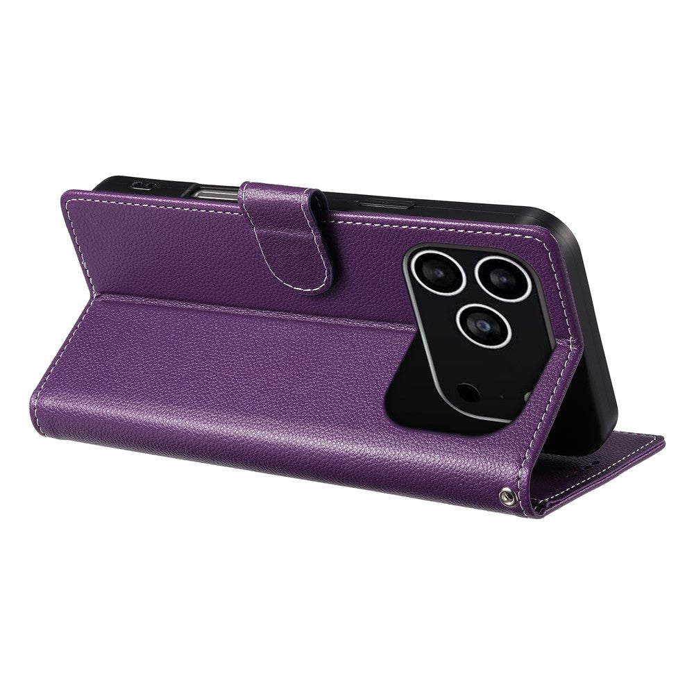 For iPhone 18 Pro / 17 Pro Case Magnetic Snap Litchi Texture Leather Wallet Phone Cover with Wrist Strap