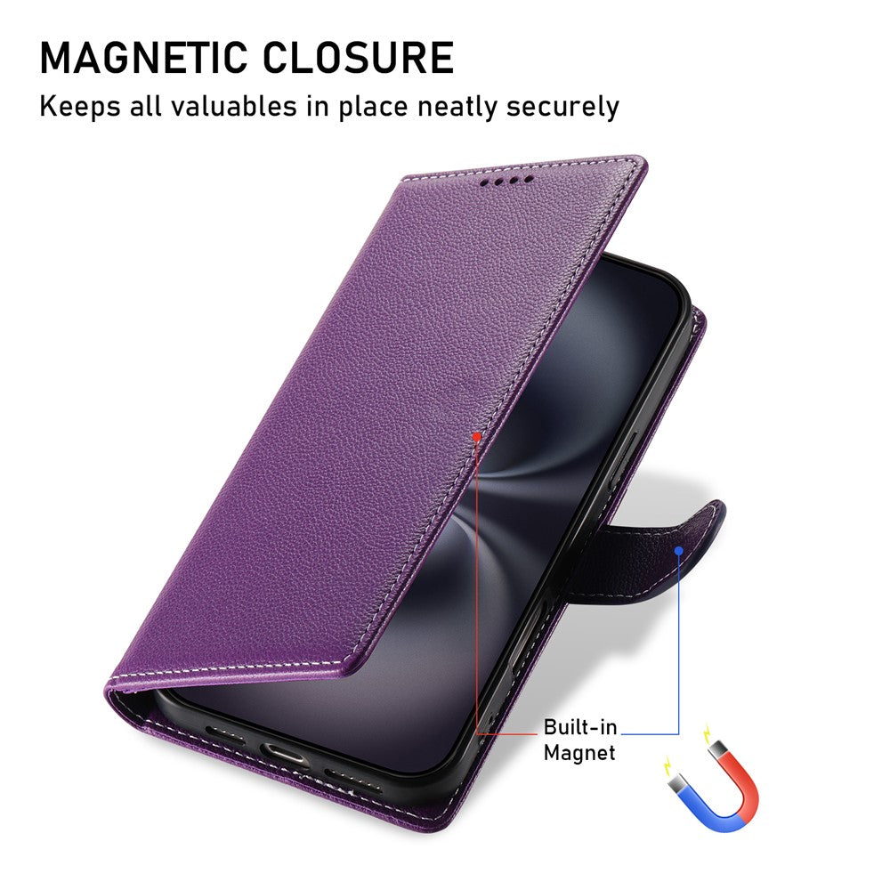 For iPhone 18 Pro / 17 Pro Case Magnetic Snap Litchi Texture Leather Wallet Phone Cover with Wrist Strap