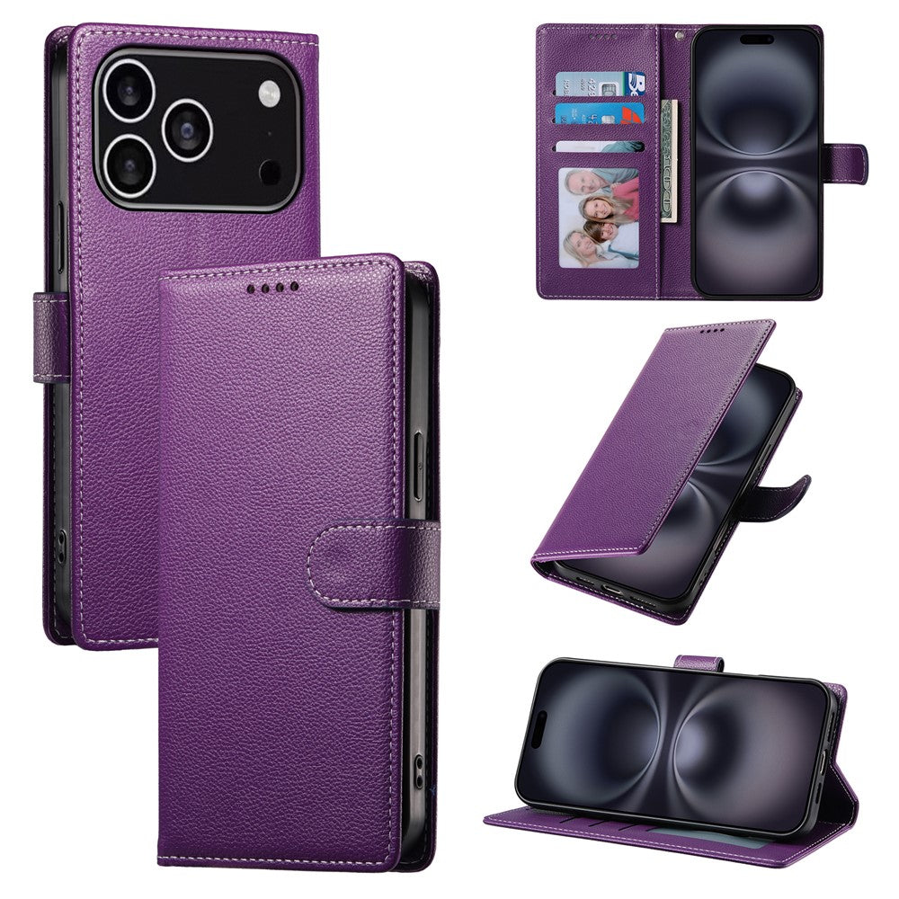 For iPhone 18 Pro / 17 Pro Case Magnetic Snap Litchi Texture Leather Wallet Phone Cover with Wrist Strap