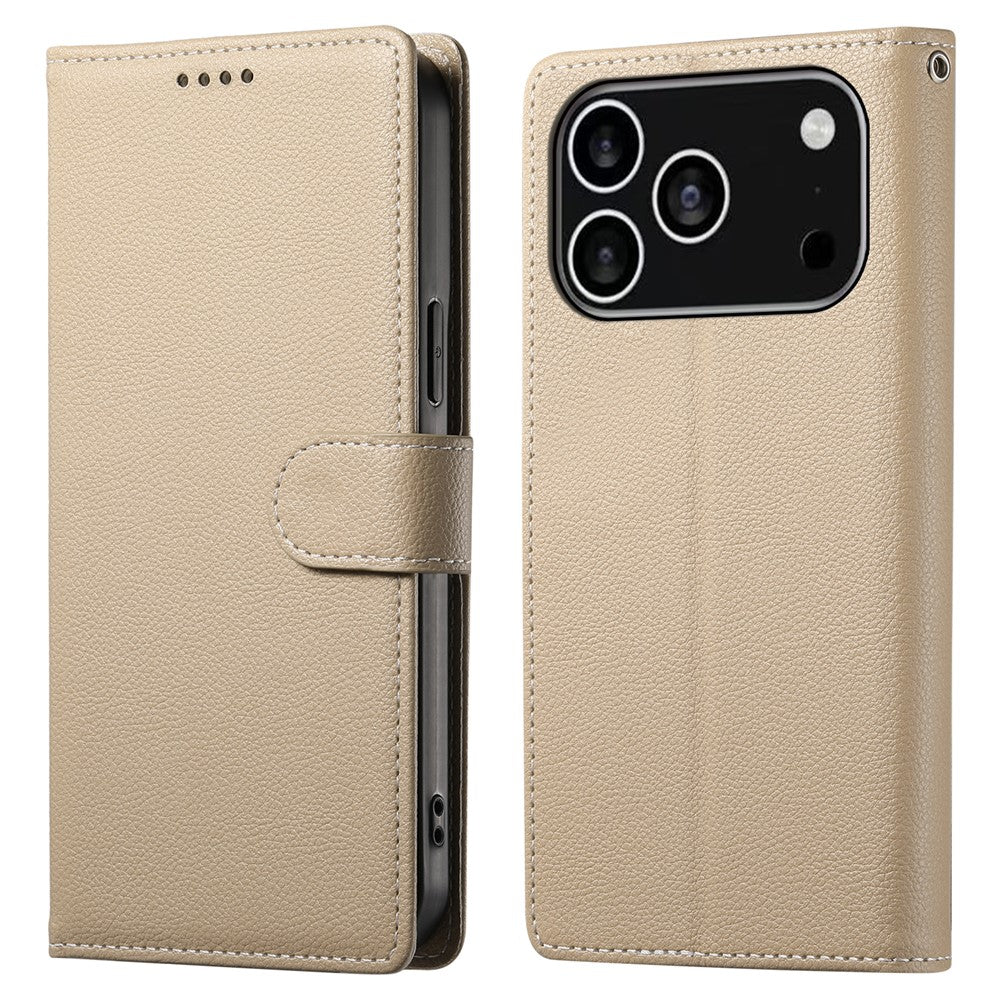 For iPhone 18 Pro / 17 Pro Case Magnetic Snap Litchi Texture Leather Wallet Phone Cover with Wrist Strap