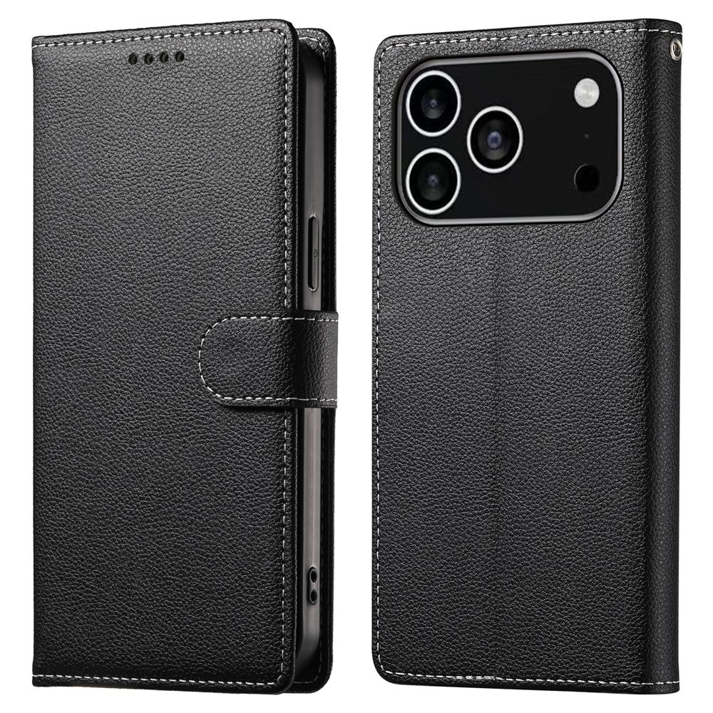 For iPhone 18 Pro / 17 Pro Case Magnetic Snap Litchi Texture Leather Wallet Phone Cover with Wrist Strap