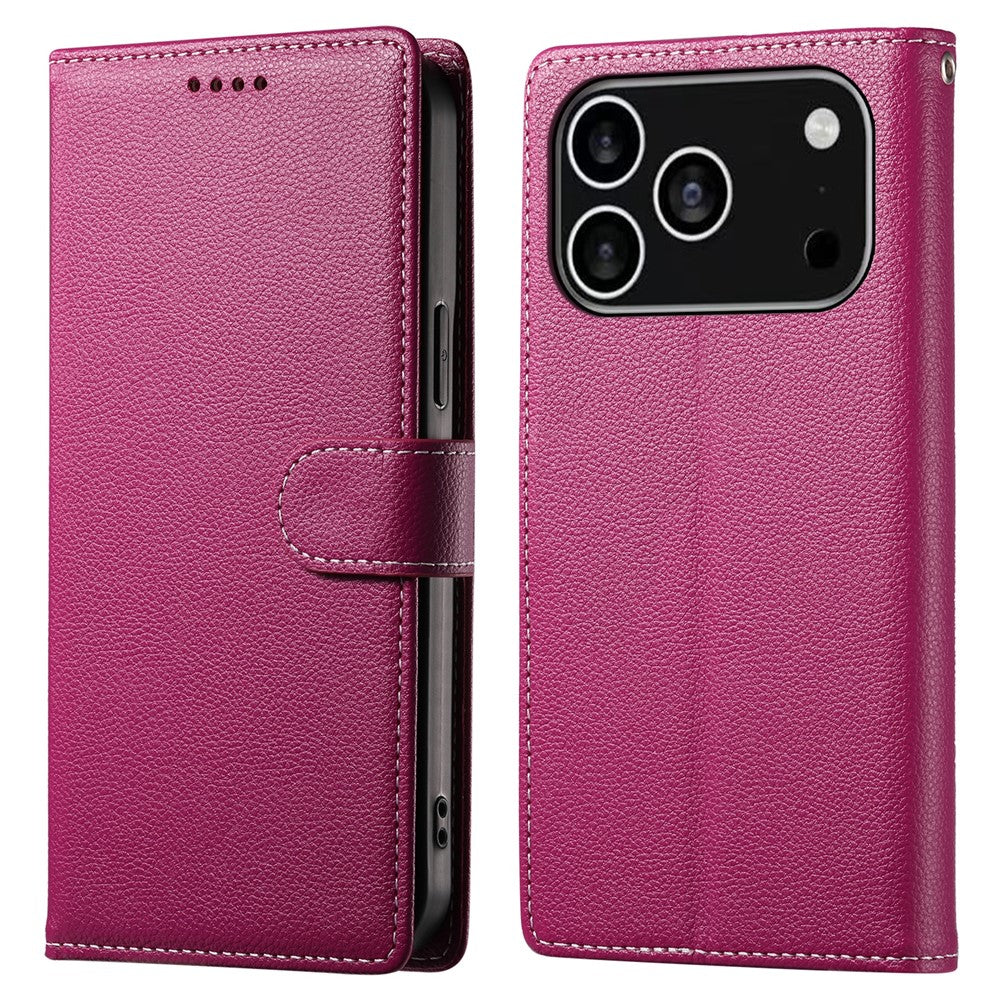 For iPhone 18 Pro / 17 Pro Case Magnetic Snap Litchi Texture Leather Wallet Phone Cover with Wrist Strap