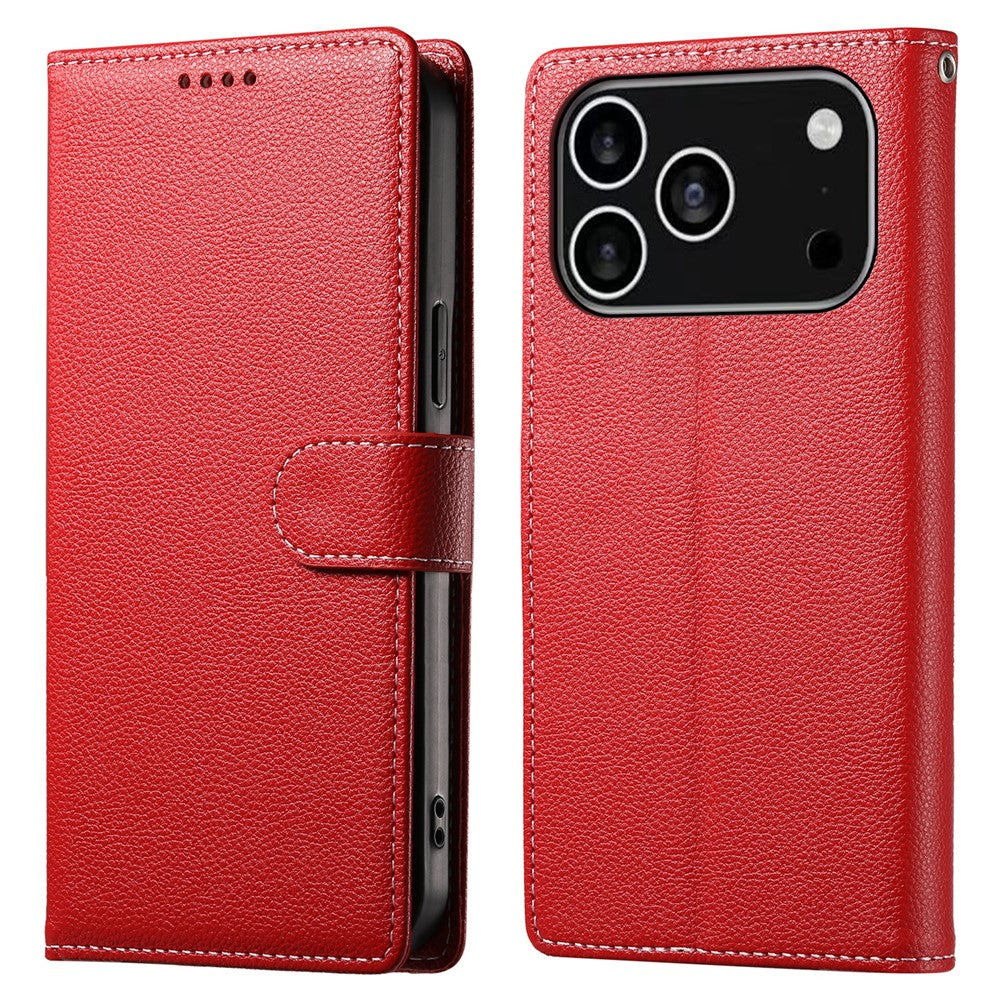 For iPhone 18 Pro / 17 Pro Case Magnetic Snap Litchi Texture Leather Wallet Phone Cover with Wrist Strap