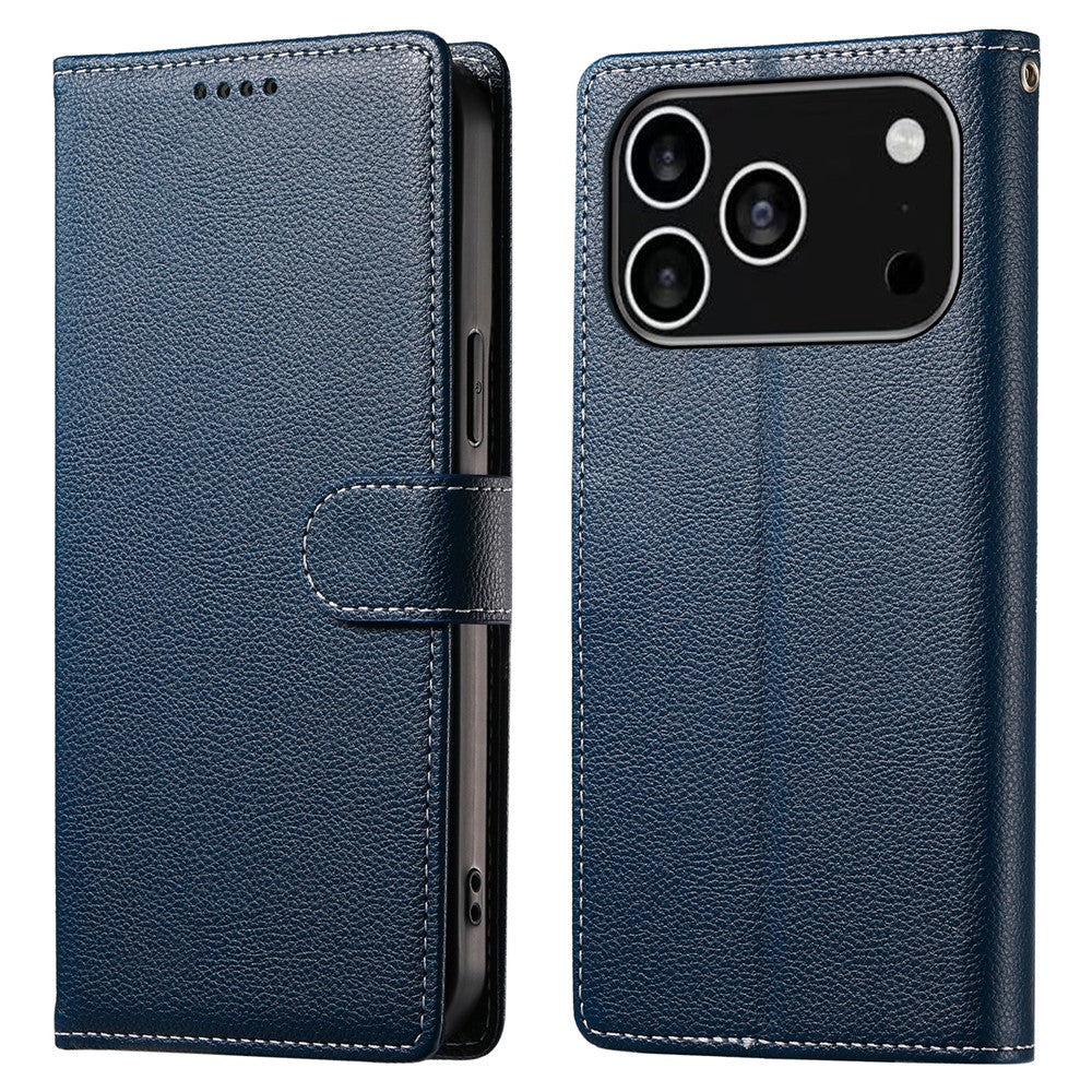 For iPhone 18 Pro / 17 Pro Case Magnetic Snap Litchi Texture Leather Wallet Phone Cover with Wrist Strap