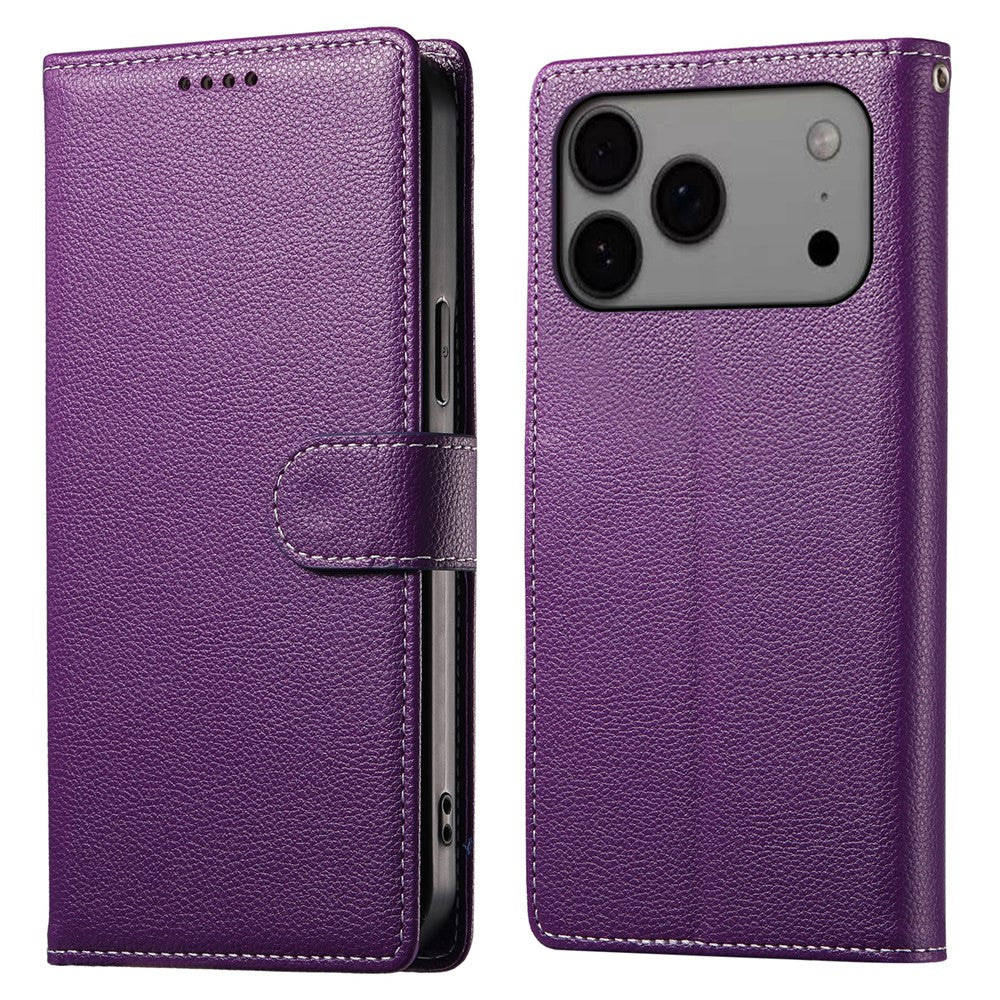 For iPhone 18 Pro Max / 17 Pro Max Case Magnetic Snap Litchi Texture Leather Wallet Phone Cover with Wrist Strap