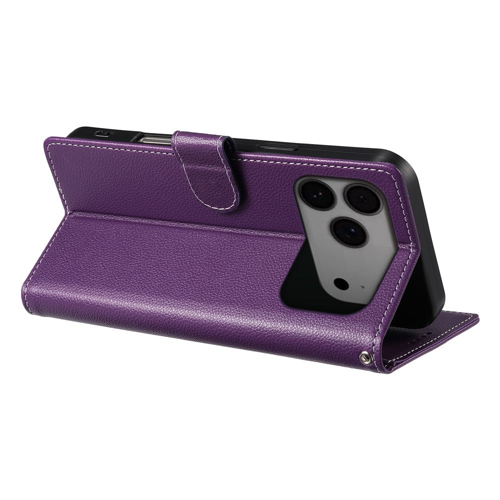 For iPhone 18 Pro Max / 17 Pro Max Case Magnetic Snap Litchi Texture Leather Wallet Phone Cover with Wrist Strap