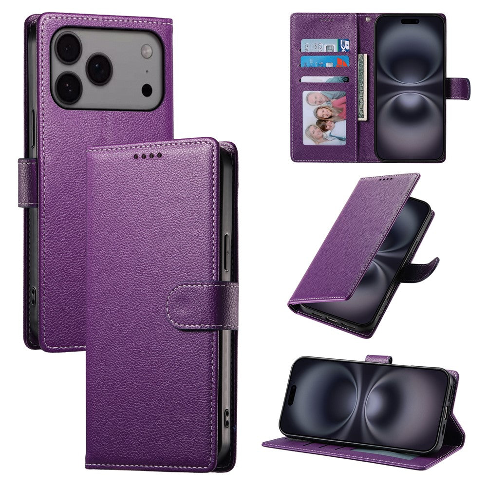 For iPhone 18 Pro Max / 17 Pro Max Case Magnetic Snap Litchi Texture Leather Wallet Phone Cover with Wrist Strap