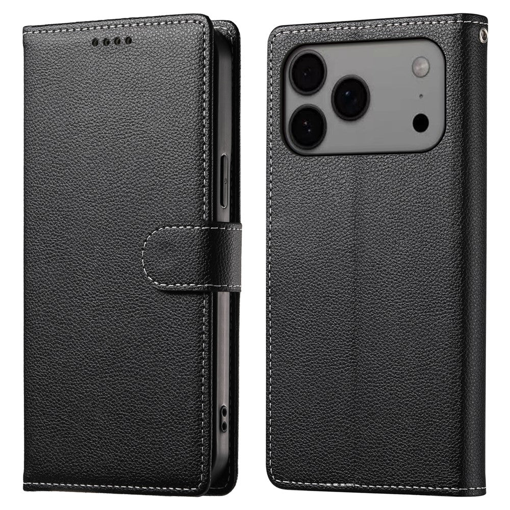 For iPhone 18 Pro Max / 17 Pro Max Case Magnetic Snap Litchi Texture Leather Wallet Phone Cover with Wrist Strap