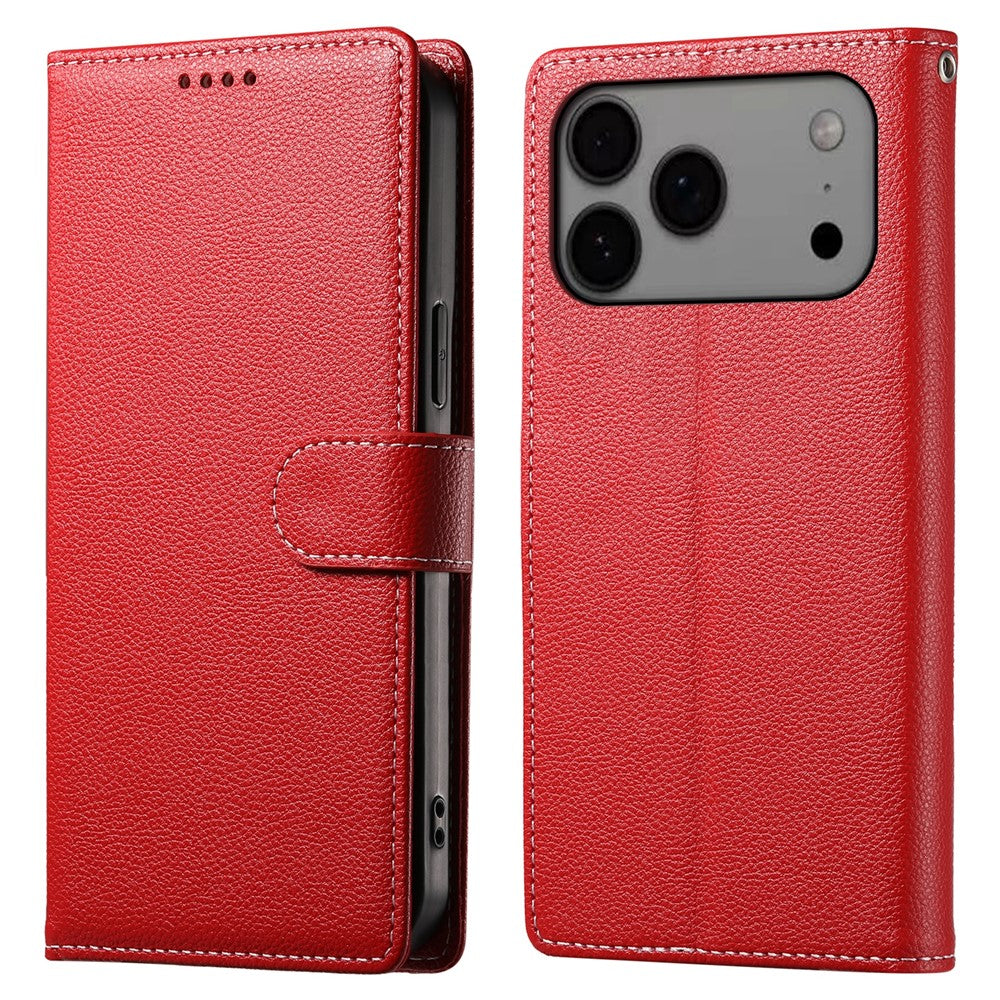 For iPhone 18 Pro Max / 17 Pro Max Case Magnetic Snap Litchi Texture Leather Wallet Phone Cover with Wrist Strap