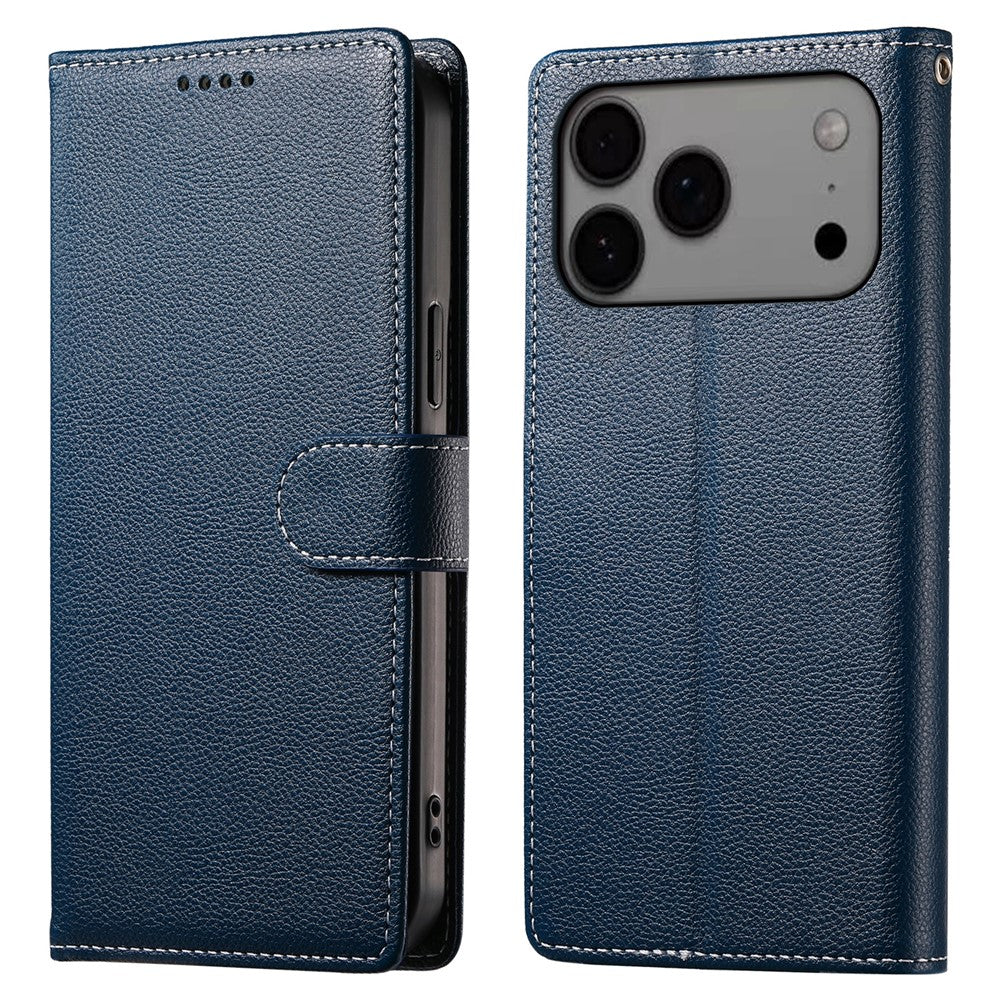 For iPhone 18 Pro Max / 17 Pro Max Case Magnetic Snap Litchi Texture Leather Wallet Phone Cover with Wrist Strap