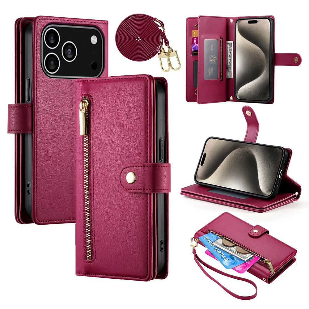 For iPhone 18 Pro / 17 Pro Case Zipper Pocket Wallet Leather Phone Cover with Straps